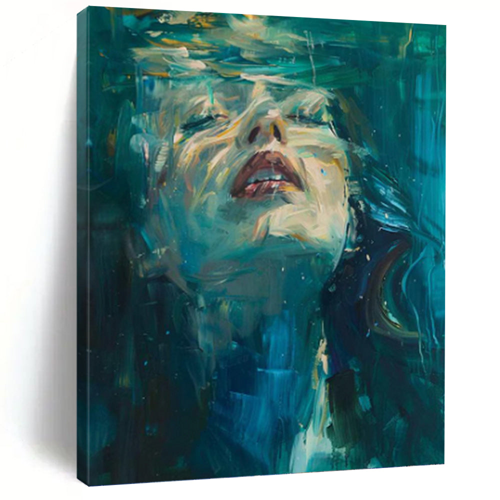 “Underwater Woman in Blue Hues” - Blue Abstract Figural Art on Canvas DKH1183