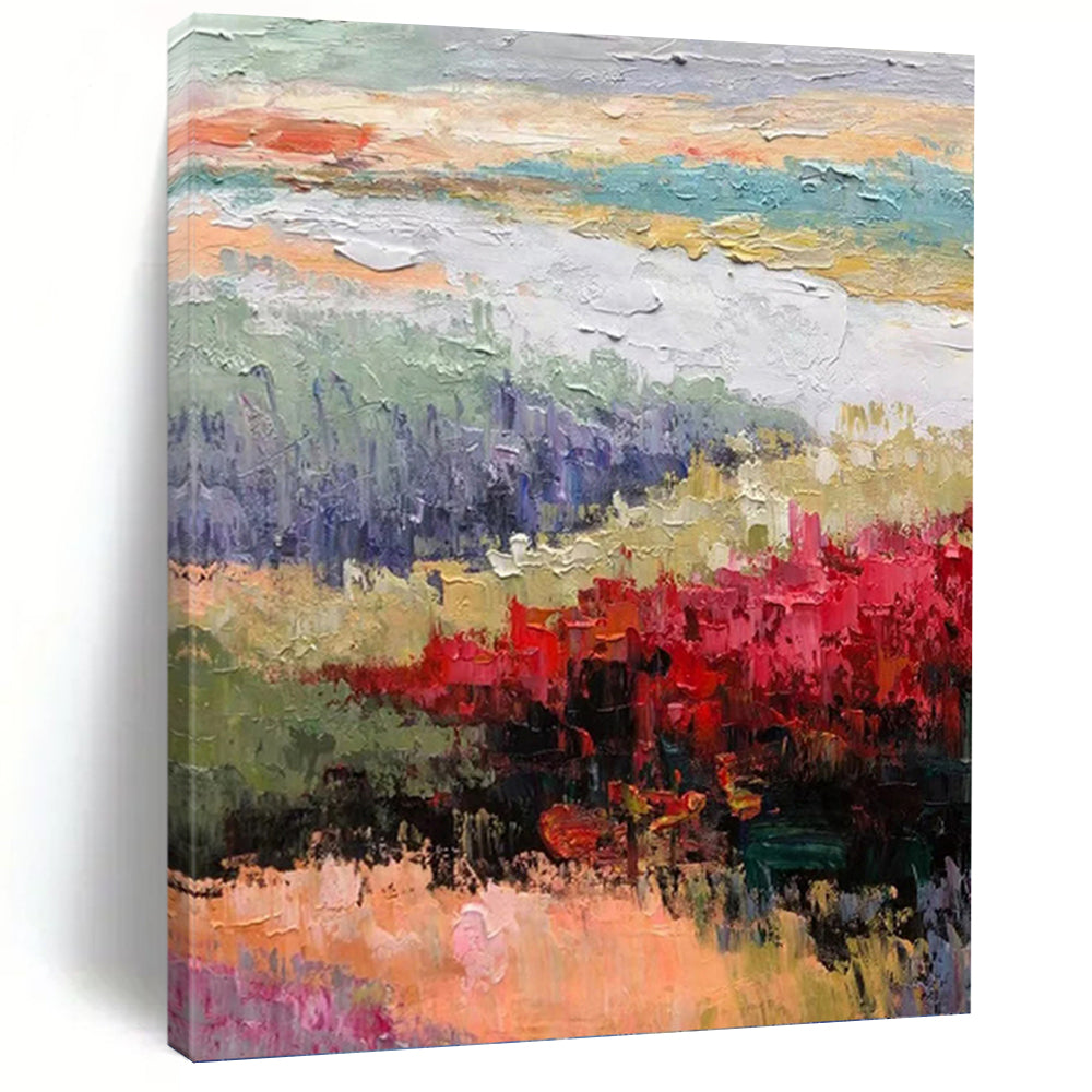 “Vibrant Landscape with Red Blossoms” - Multicolor Landscape Art on Canvas DKH1273