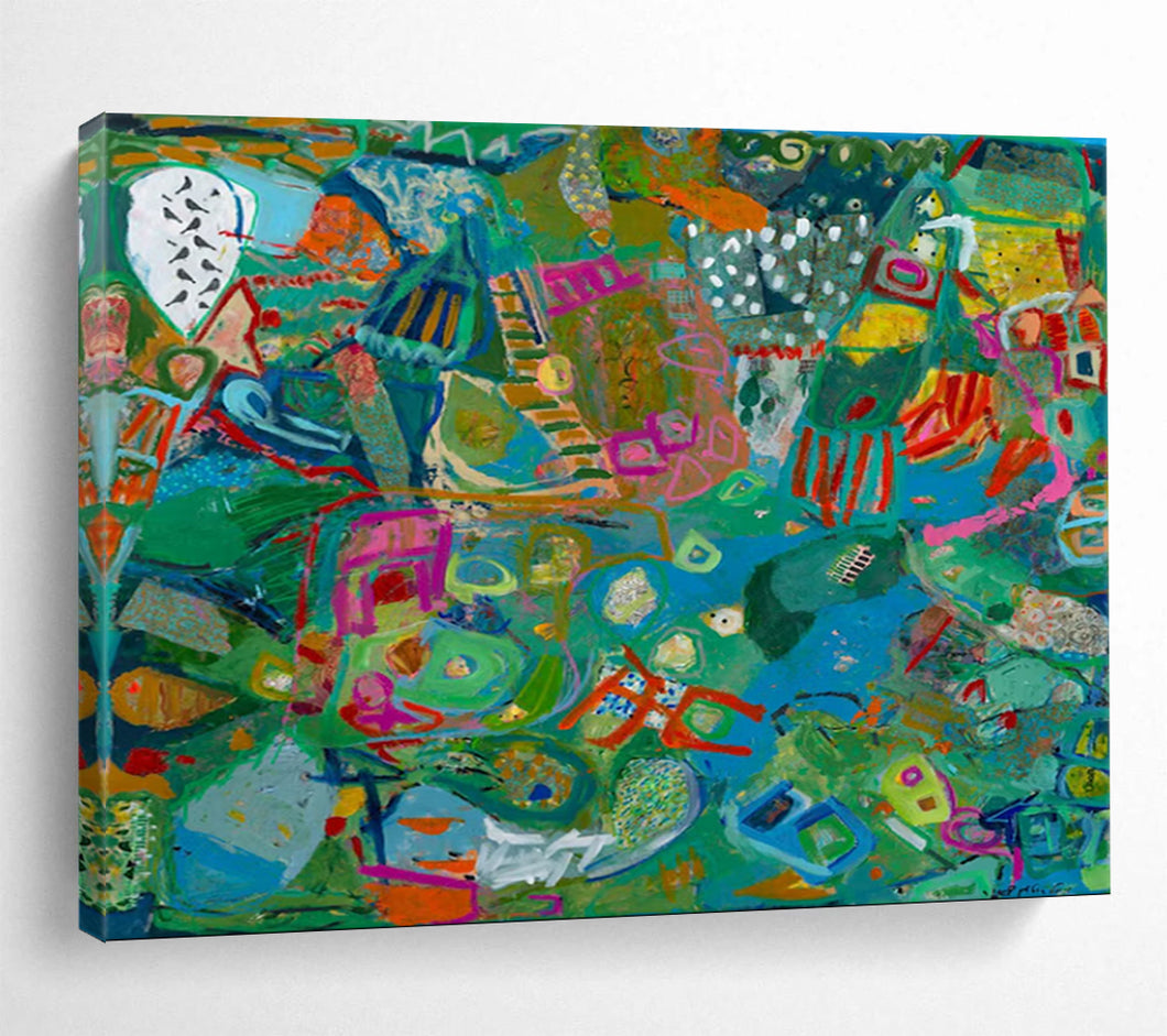 “Green and Blue Abstract Tapestry” - Colorful Abstract Acrylic, Fits Gallery and Dining Room DLZ235