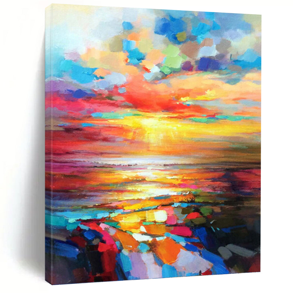 “Rainbow Sunset Seascape” Abstract Painting on Canvas, Coastal Living Room Centerpiece DKH1064