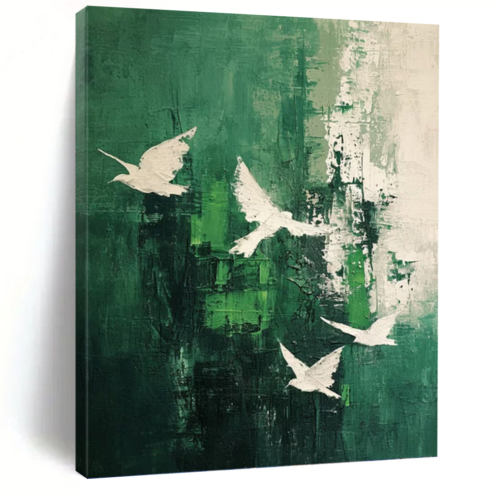 “Green and White Bird Abstract” - Green, White Abstract Art on Canvas DKH1311