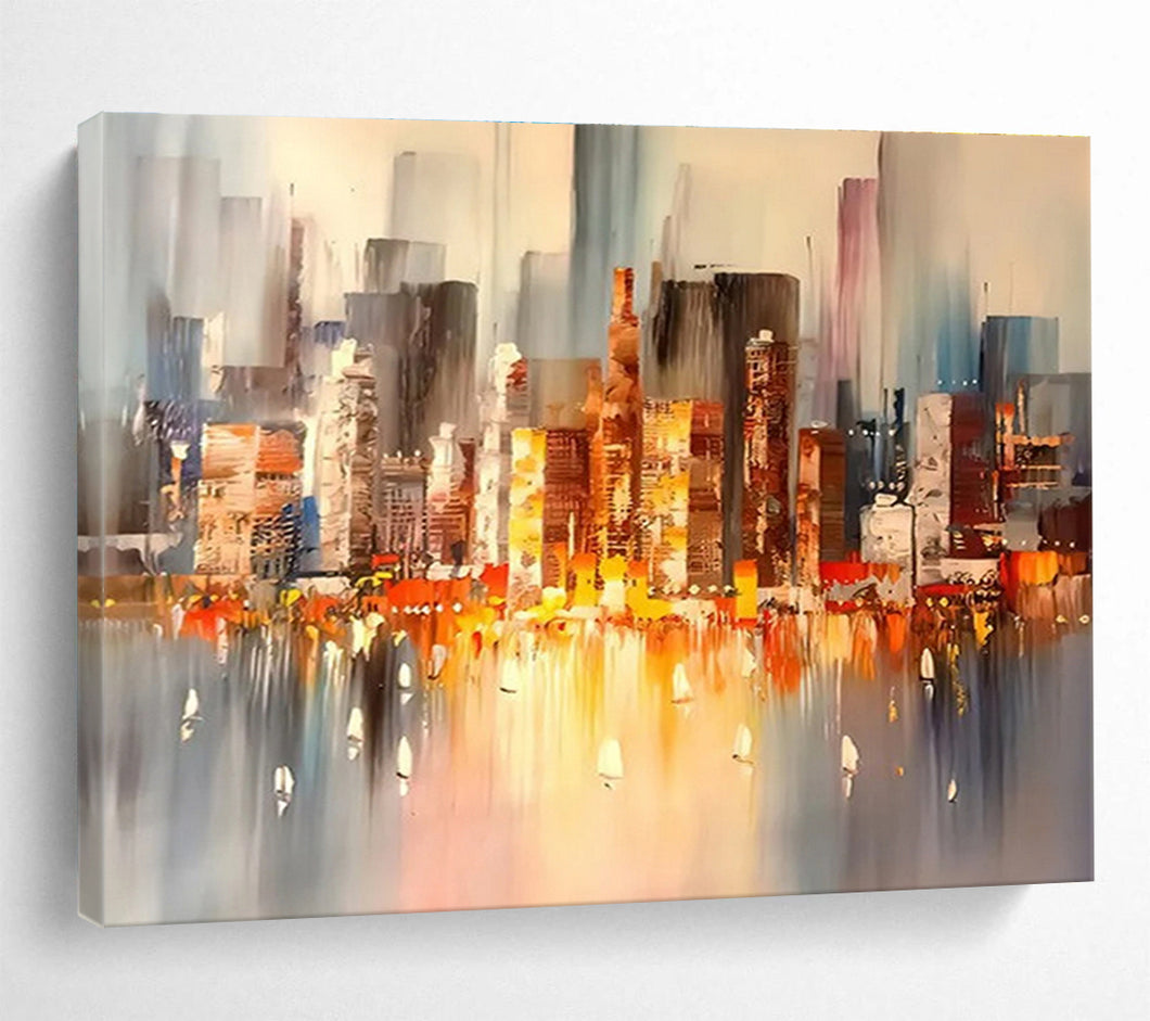 City Sunset “Luminous Skyline” Painting on Canvas, Dynamic Cityscape Art DKH899