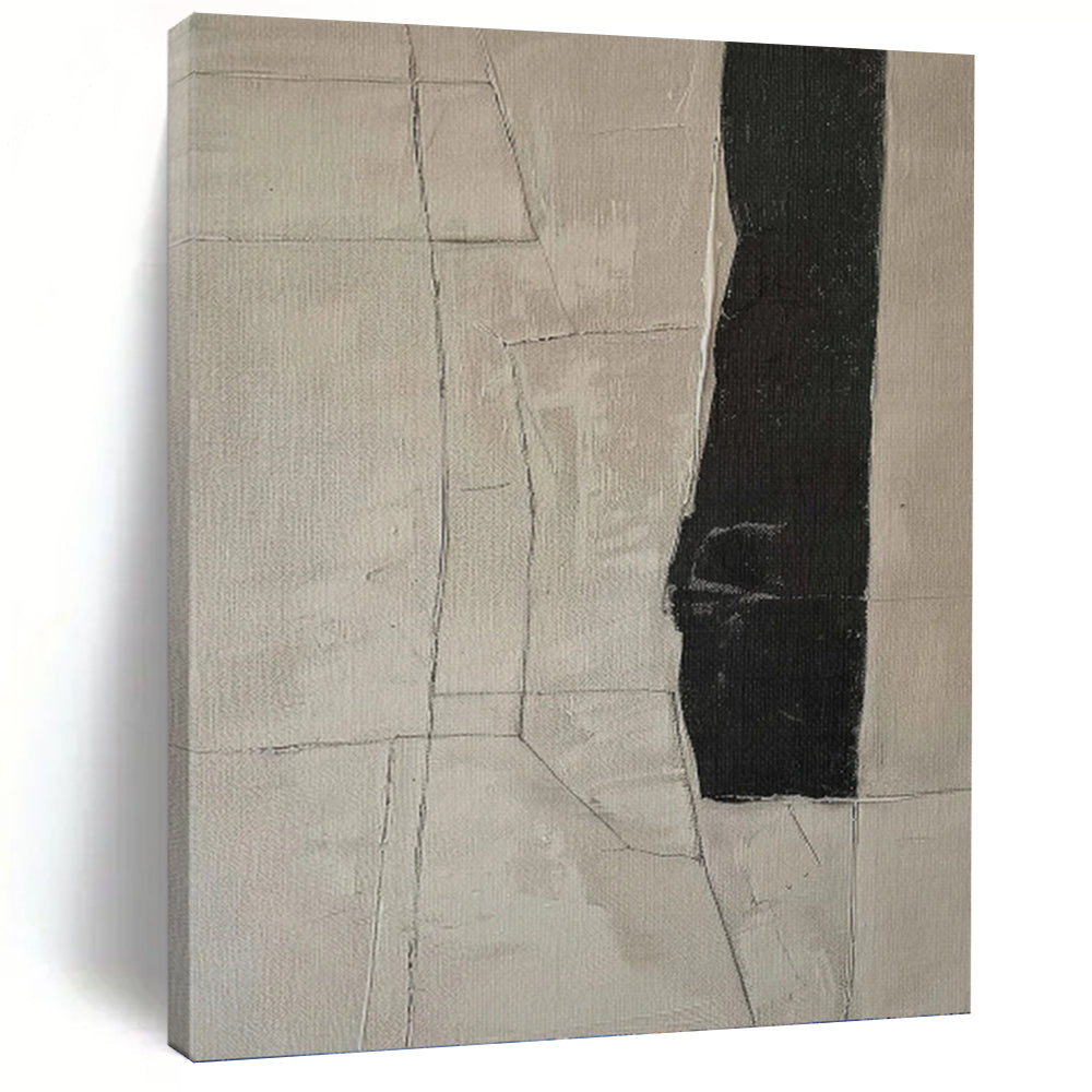 “Cracked Neutral Geometry” - Beige, Black Abstract Art on Canvas DKH1158