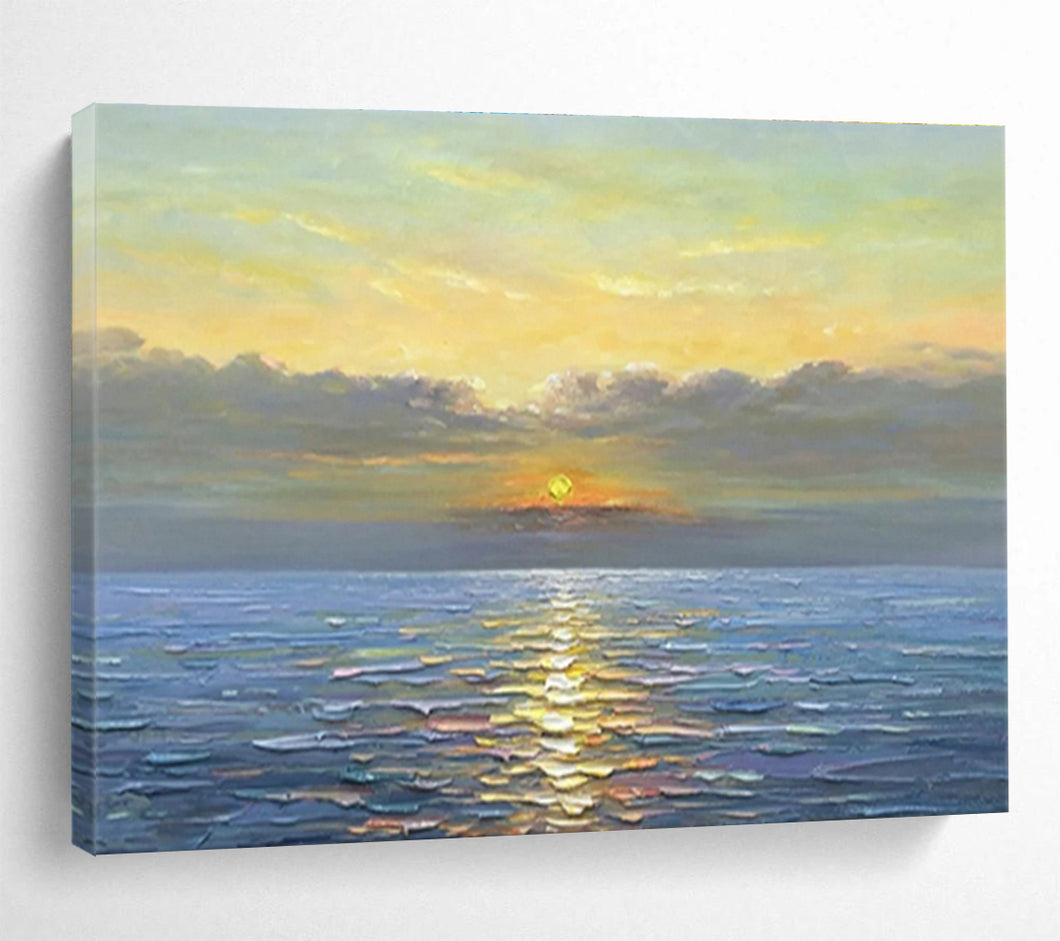 Seaside Sunset “Calm Horizon” Painting on Canvas, Luminous Maritime Art DKH883