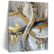 Load image into Gallery viewer, Gray, Gold &amp; Black Abstract Loops Canvas Painting, Great for Industrial - Glam Bedroom &amp; High - End Bar Lounge LargeART1251
