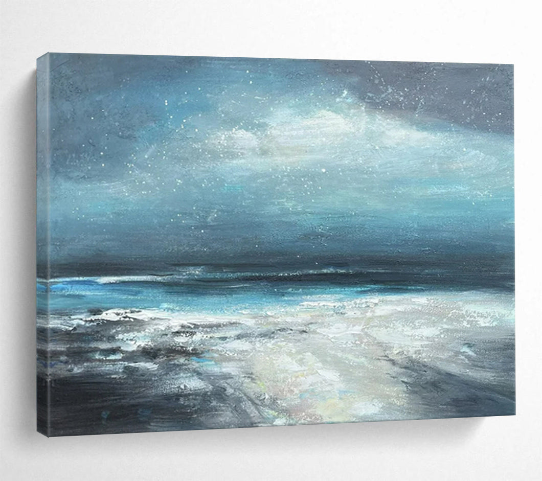 Hand - painted Substantial Blue Toned Seaside Acrylic Art for Calm Family Rooms LargeART1787