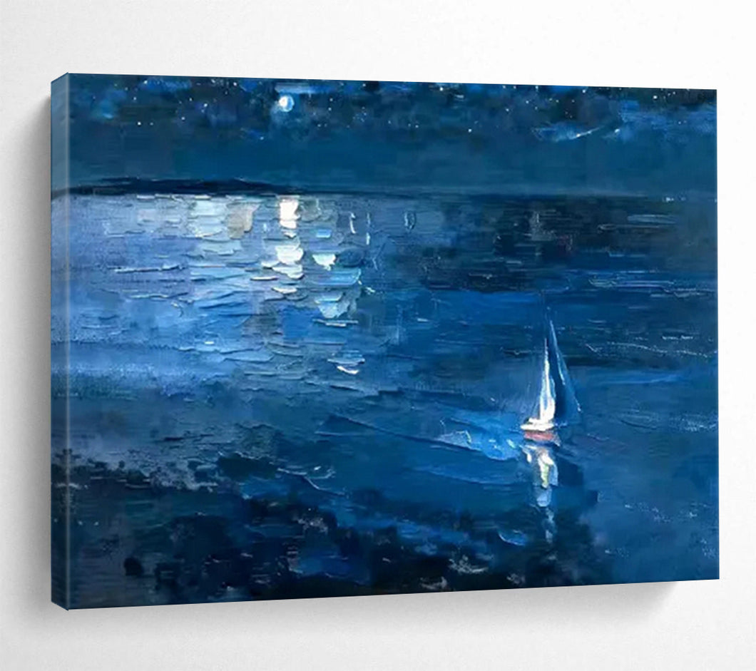 Hand - painted Large - sized Night Sky with Sailboat Acrylic Art for Serene Bedrooms LargeART1784