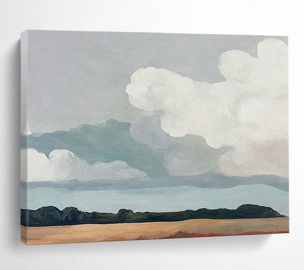 Gray - White Cloud “Tranquil Field Horizon” Painting on Canvas, Serene Wall Accent DKH793