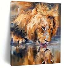 Load image into Gallery viewer, “Lion Drinking at Water” - Realistic Wildlife Art on Canvas DKH1647
