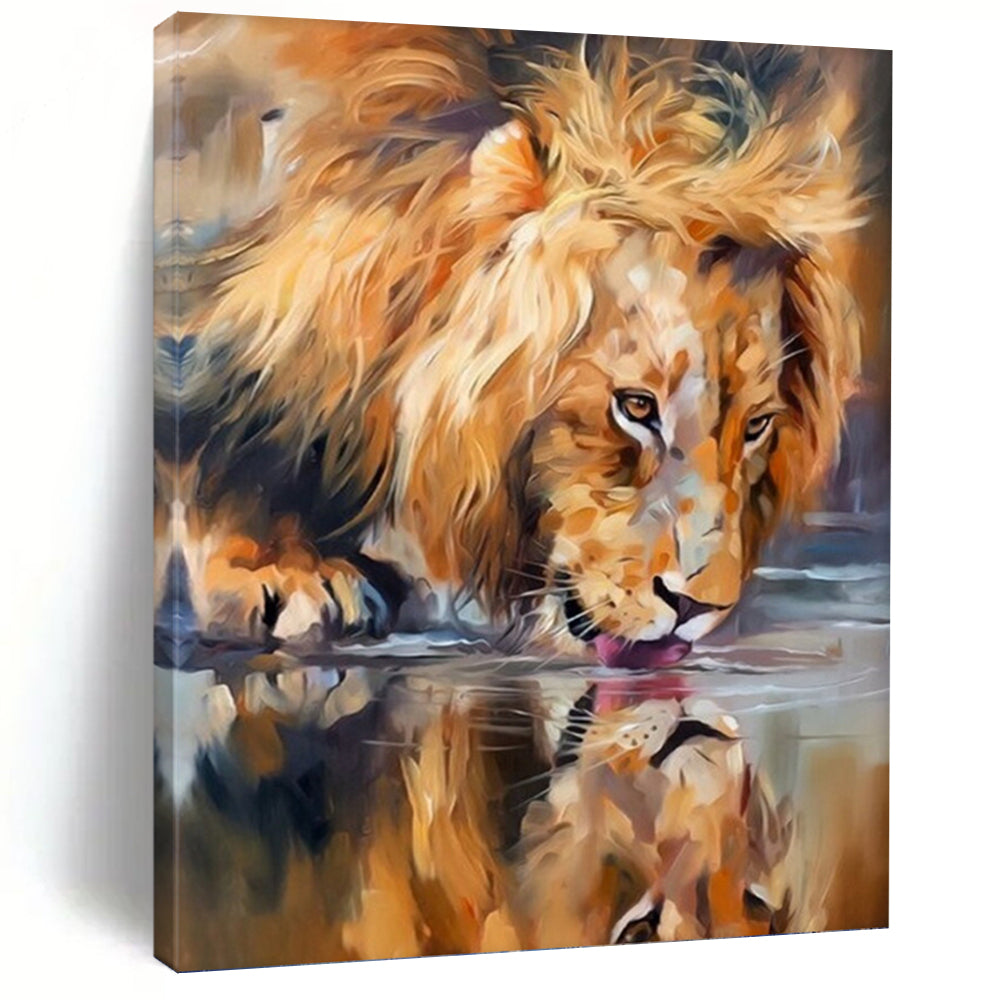 “Lion Drinking at Water” - Realistic Wildlife Art on Canvas DKH1647