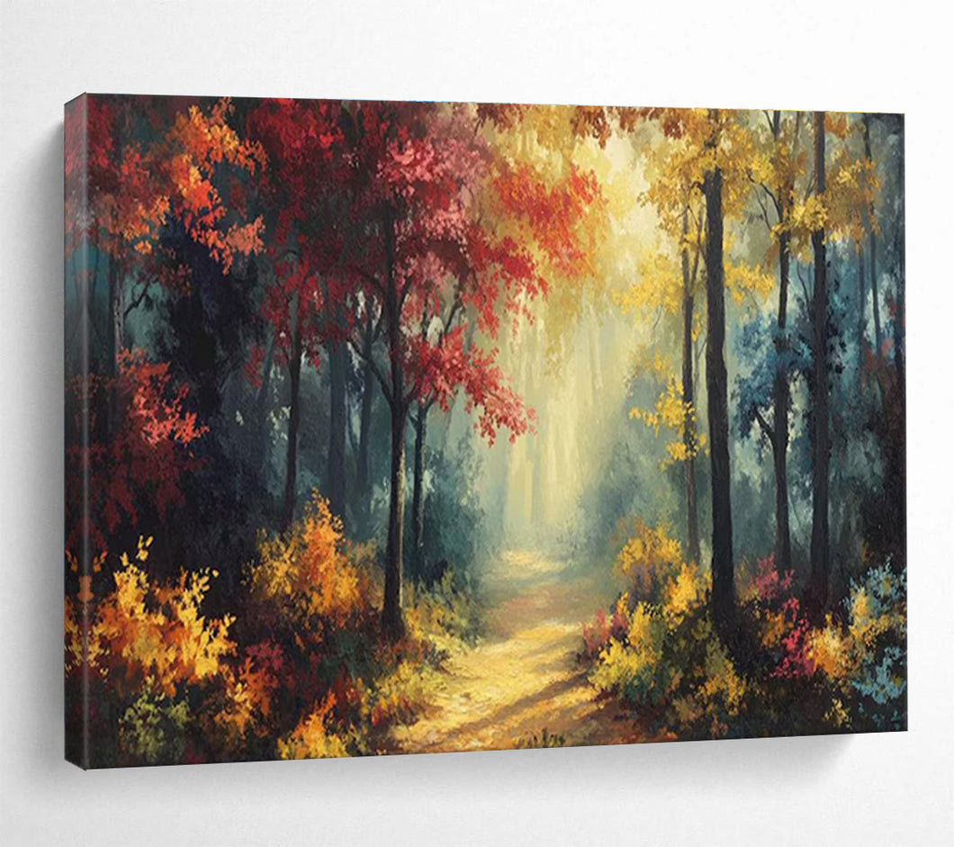 Autumn Forest “Sunlit Trail” Painting on Canvas, Nature - Themed Wall Decor DKH821