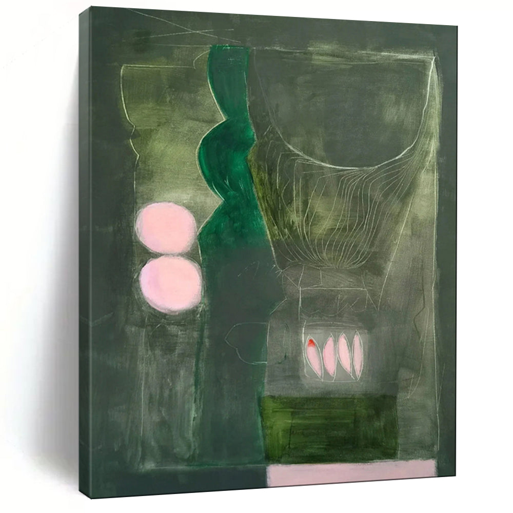 Dark Green & Pink Abstract Painting, Suited for Moody Living Room & Modern Art Gallery LargeART1846