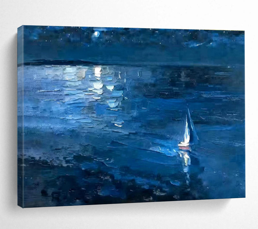 Night Sky & Sailboat Abstract Painting for Nautical Home & Dreamy Bedroom DKH100