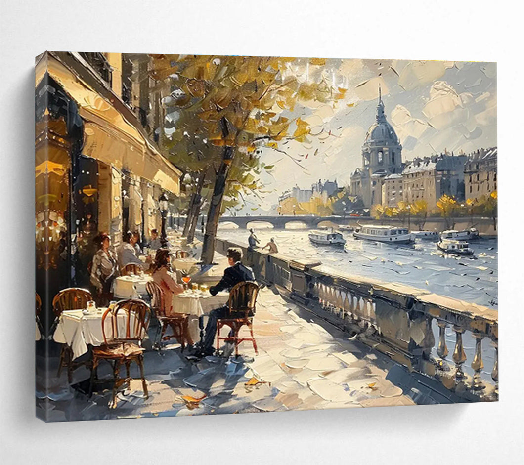 Charming Riverfront Café Abstract Painting on Canvas - “Parisian Afternoon” DKH666