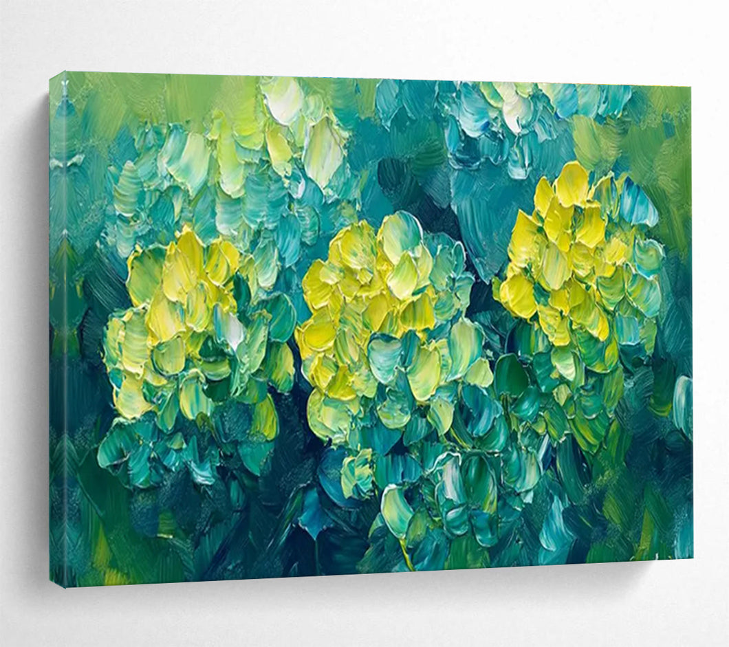 Green - Yellow “Lush Hydrangea Bloom” Painting on Canvas, Nature - Inspired Decor DKH799