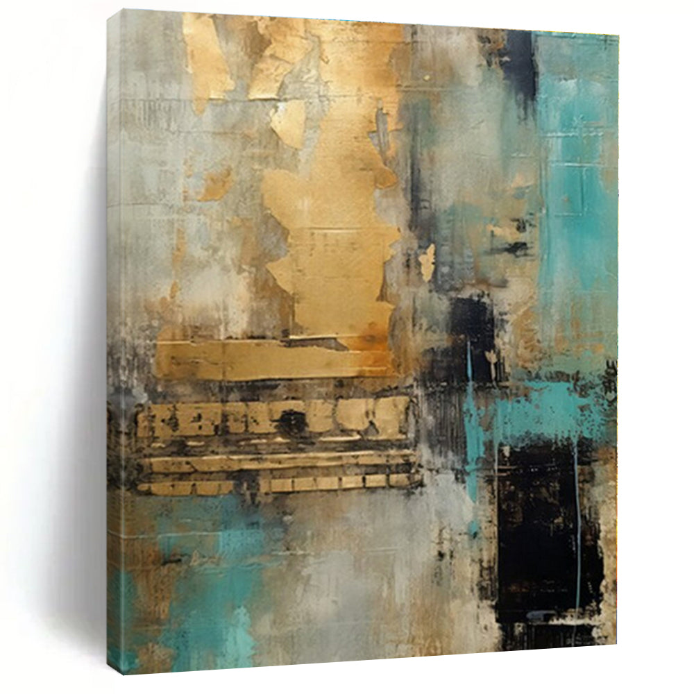 Teal, Gold & Gray Abstract Canvas Painting, Great for Contemporary Living Room & Chic Hotel Suite LargeART1281