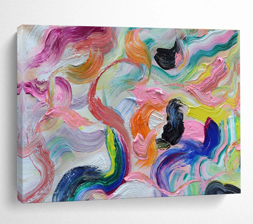 Vibrant Curved Abstract Painting with Pink, Purple, and Orange for Modern Bedroom & Creative Studio DKH292