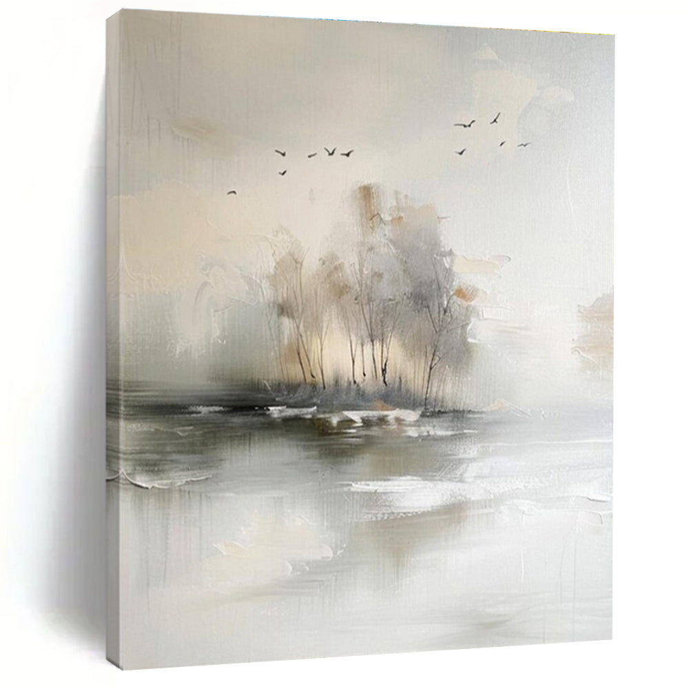 Monochromatic Landscape with Birds Acrylic Art - Great for Scandinavian - inspired Dining Room & Calming Yoga Studio LargeART0626