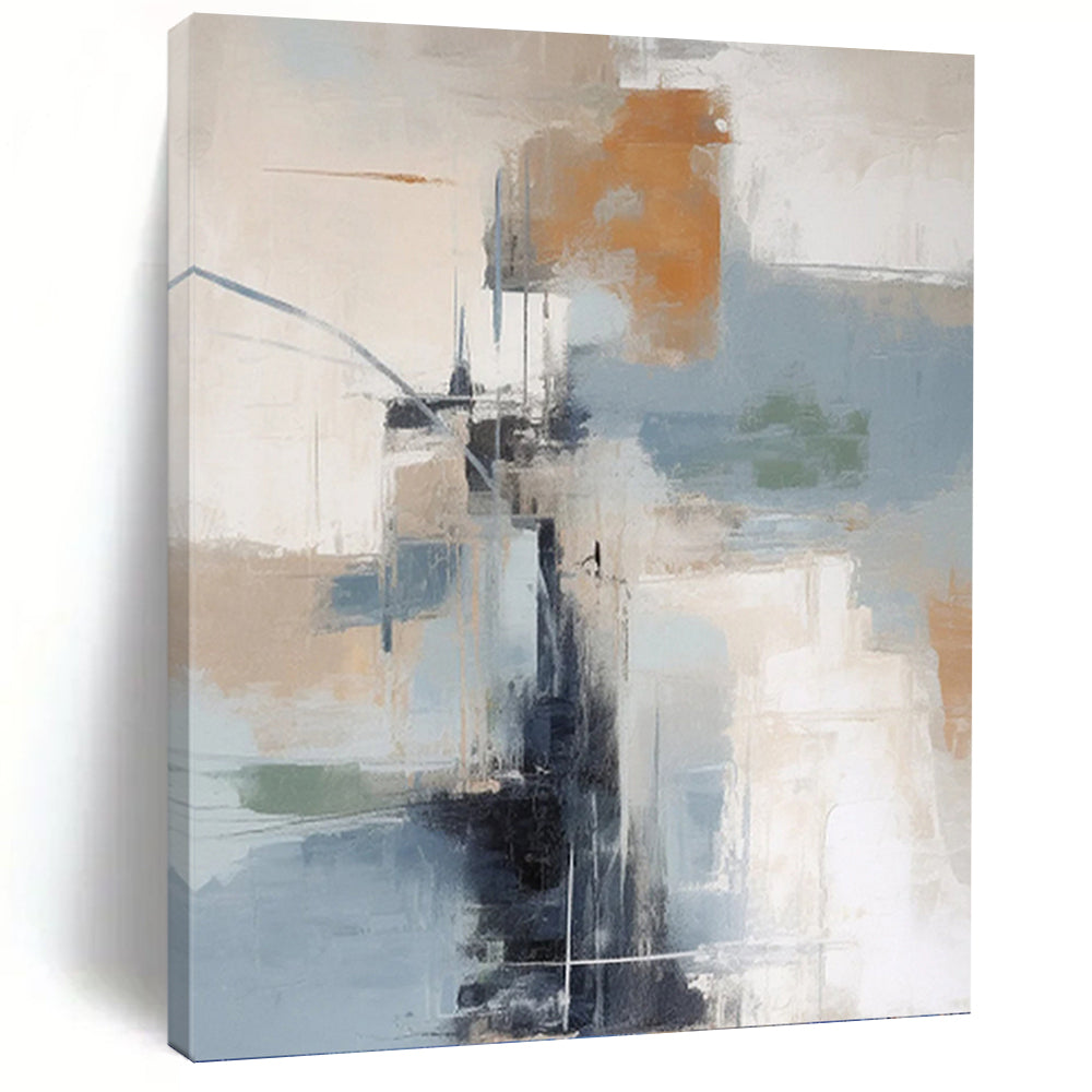 “Colorful Abstract Cityscape in Neutral Tones” - Beige, Grey, Blue, Orange Abstract Art on Canvas DKH1254