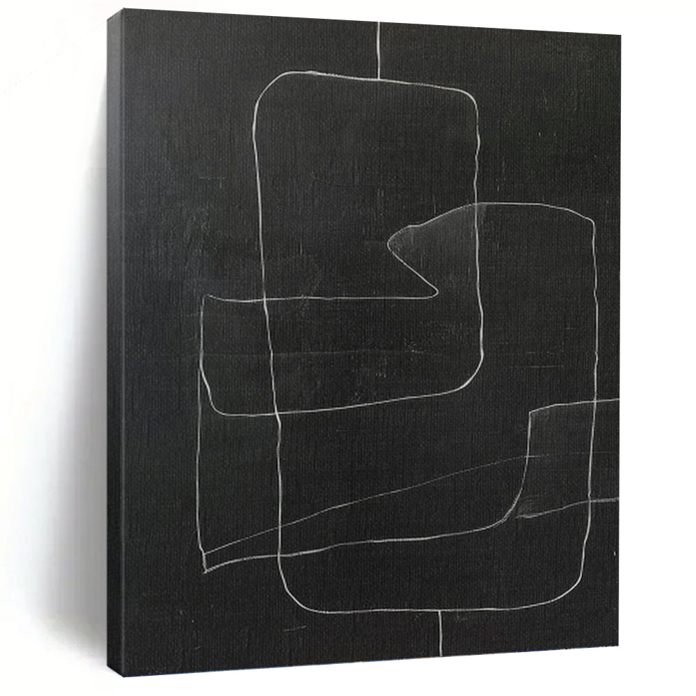 “White Lines on Black” - Black, White Abstract Line Art on Canvas DKH1150