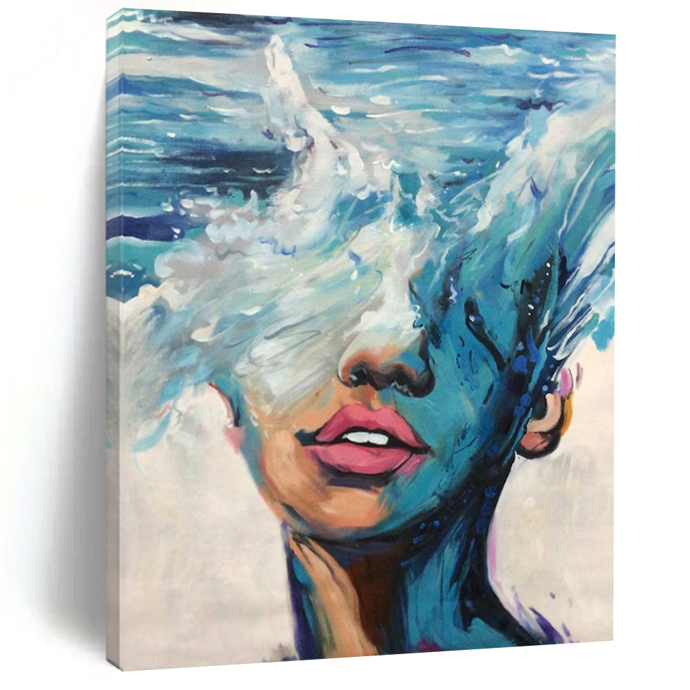 “Wave - Masked Figure” – Blue, white, and pink, with waves merging with a human face. DTP347
