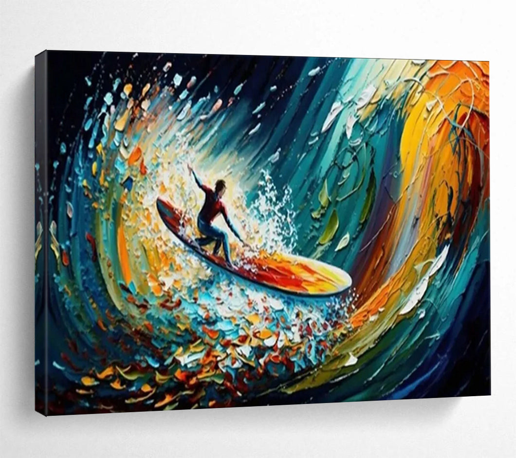 “Surfer in Colorful Waves” - Expressionistic Abstract Acrylic, Suits Sports Bar and Teen Bedroom DLZ259