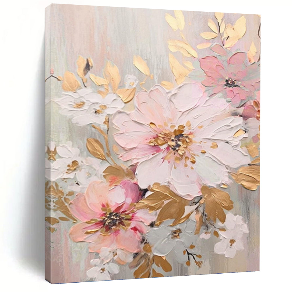 “Blush and Gold Floral Impasto” - Pink, Gold, and White Flower Art on Canvas DKH1390