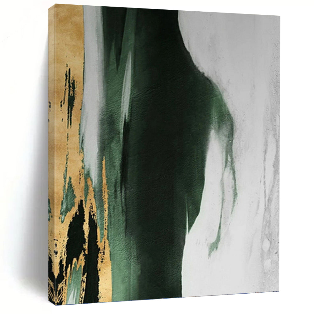 “Gold Accent Green and White” - Green, White, Gold Abstract Art on Canvas DKH1204