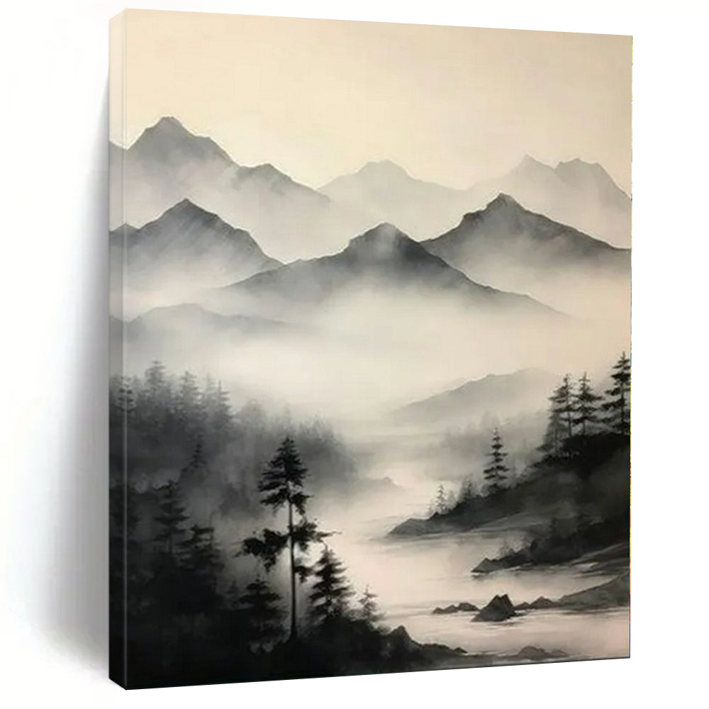 Misty Mountain Landscape Abstract Canvas Painting, Ideal for Zen - Inspired Study & Nature - Themed Living Room LargeART1212