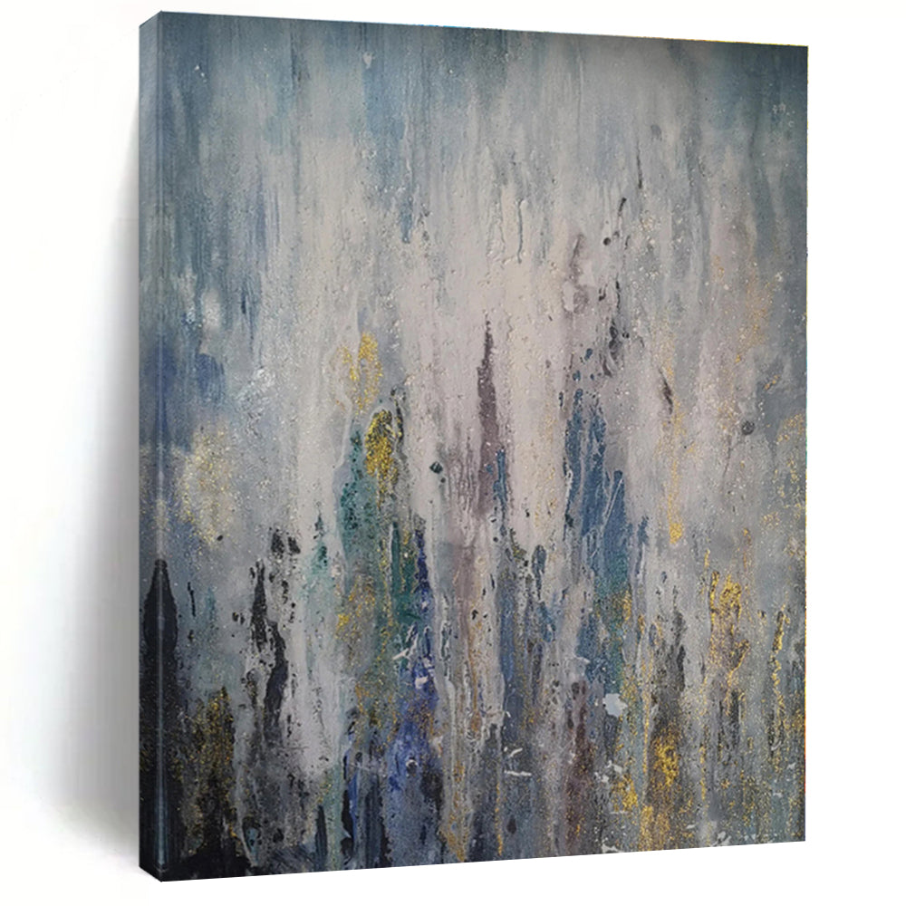 Blue - Gray - Gold Drip Abstract Acrylic Art - Perfect for Art Deco Lounge & Creative Workshop LargeART0561