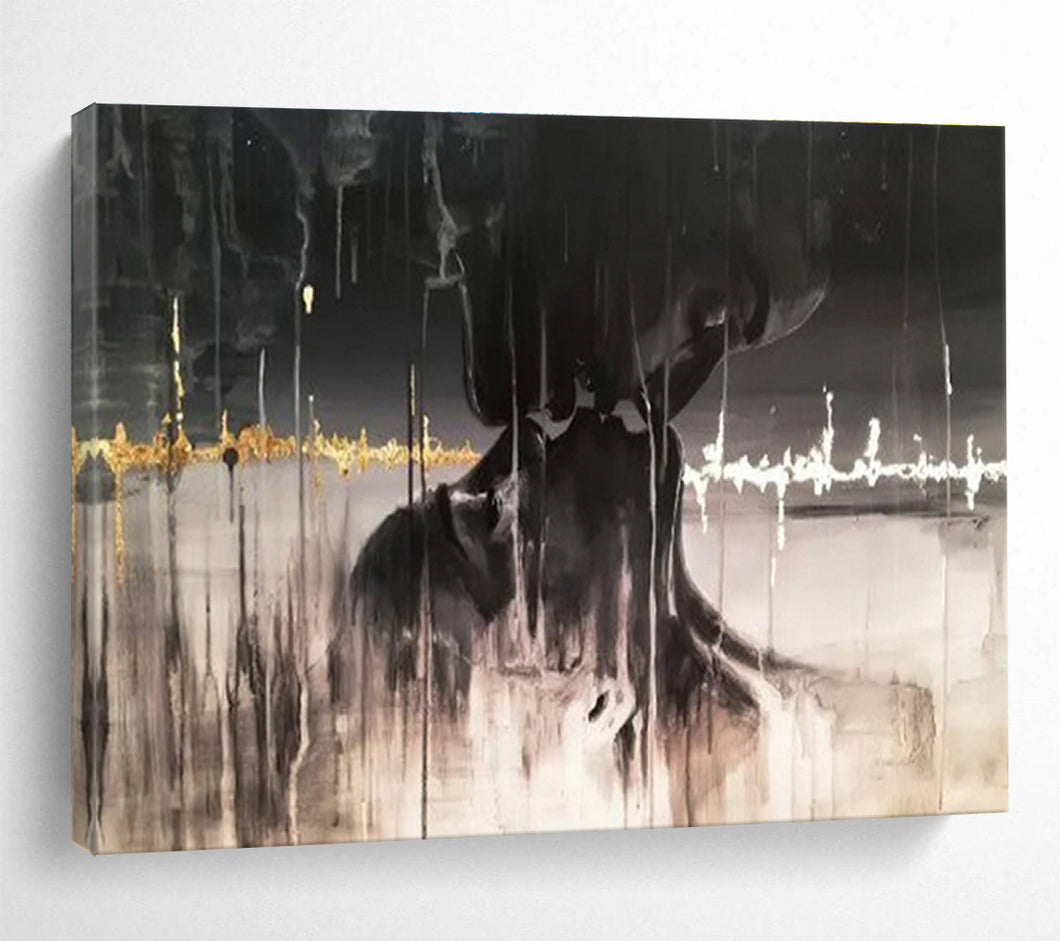 Black - Gold Abstract “Mystery Art” Painting on Canvas, Evocative Modern Art DKH900