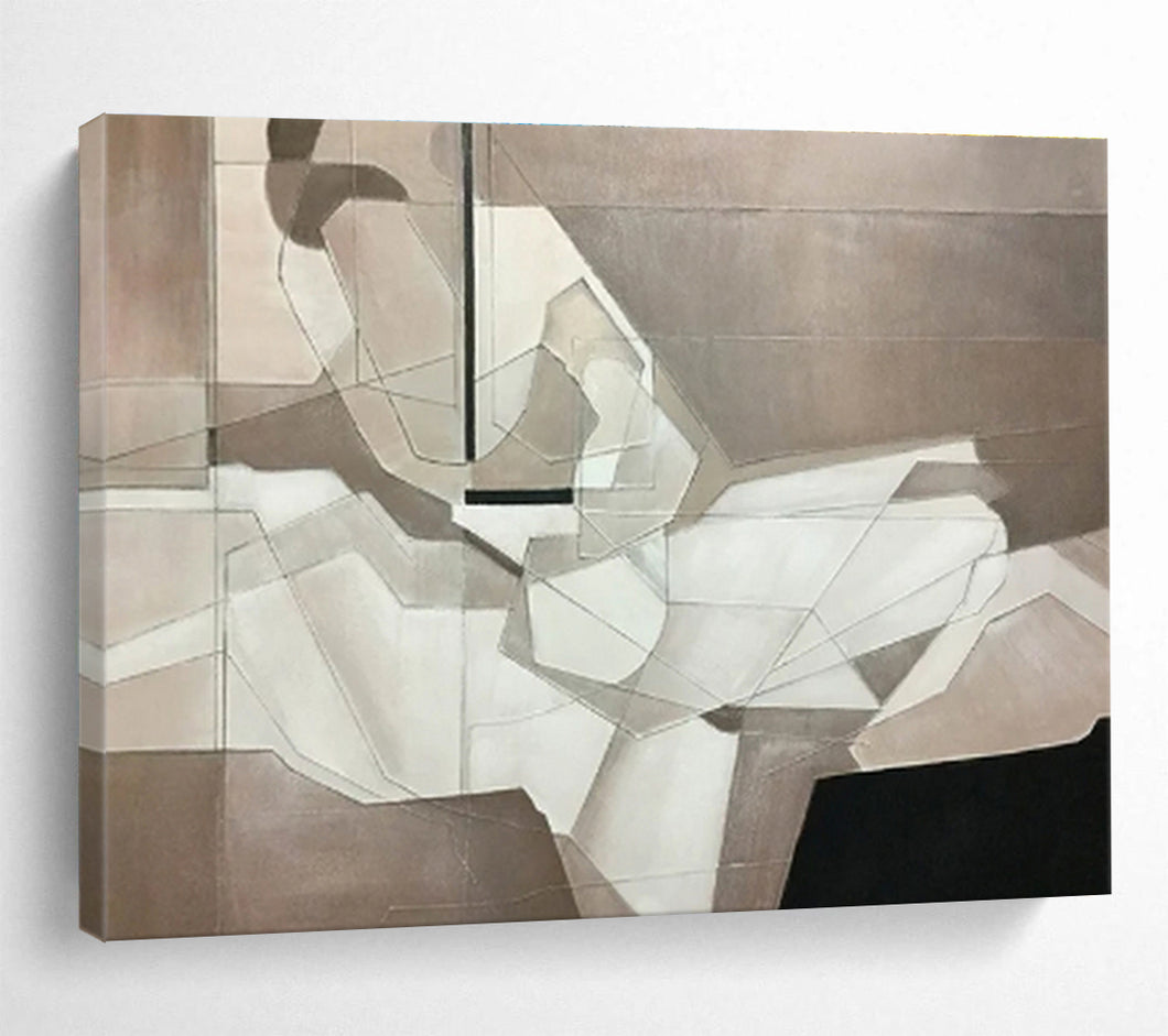 Geometric Gray - White Abstract Painting On Canvas DKH350