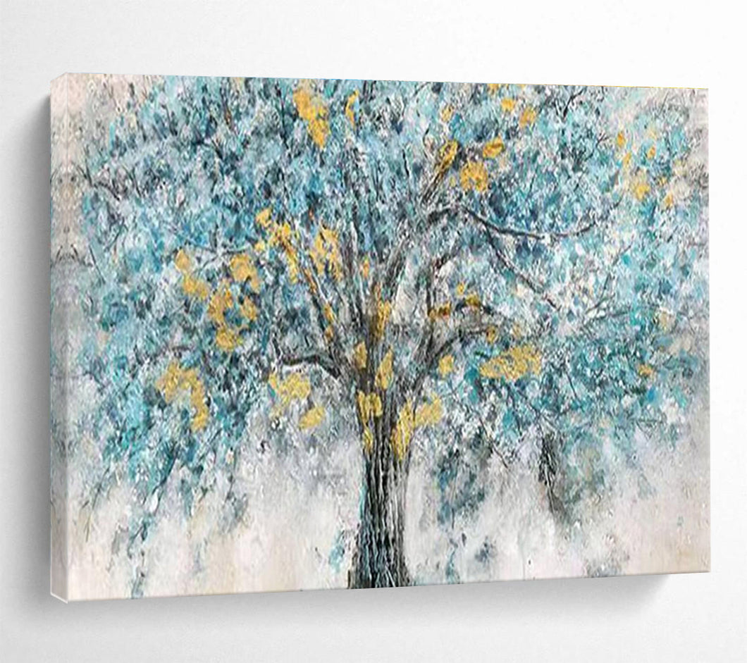 Blue Tree “Golden Accents” Painting on Canvas, Whimsical Landscape Art DKH889