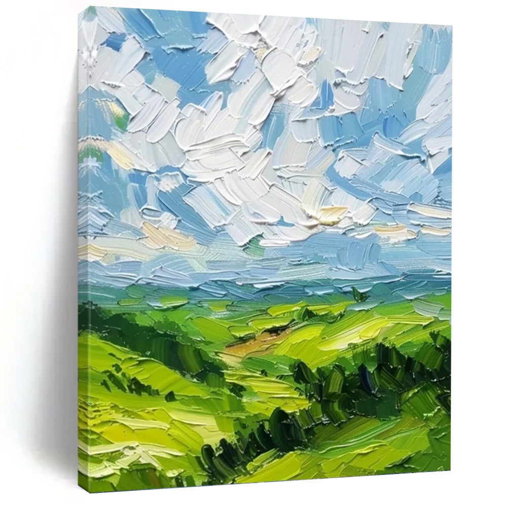 “Textured Green Landscape with Blue Sky” - Impasto Landscape Art on Canvas DKH1557