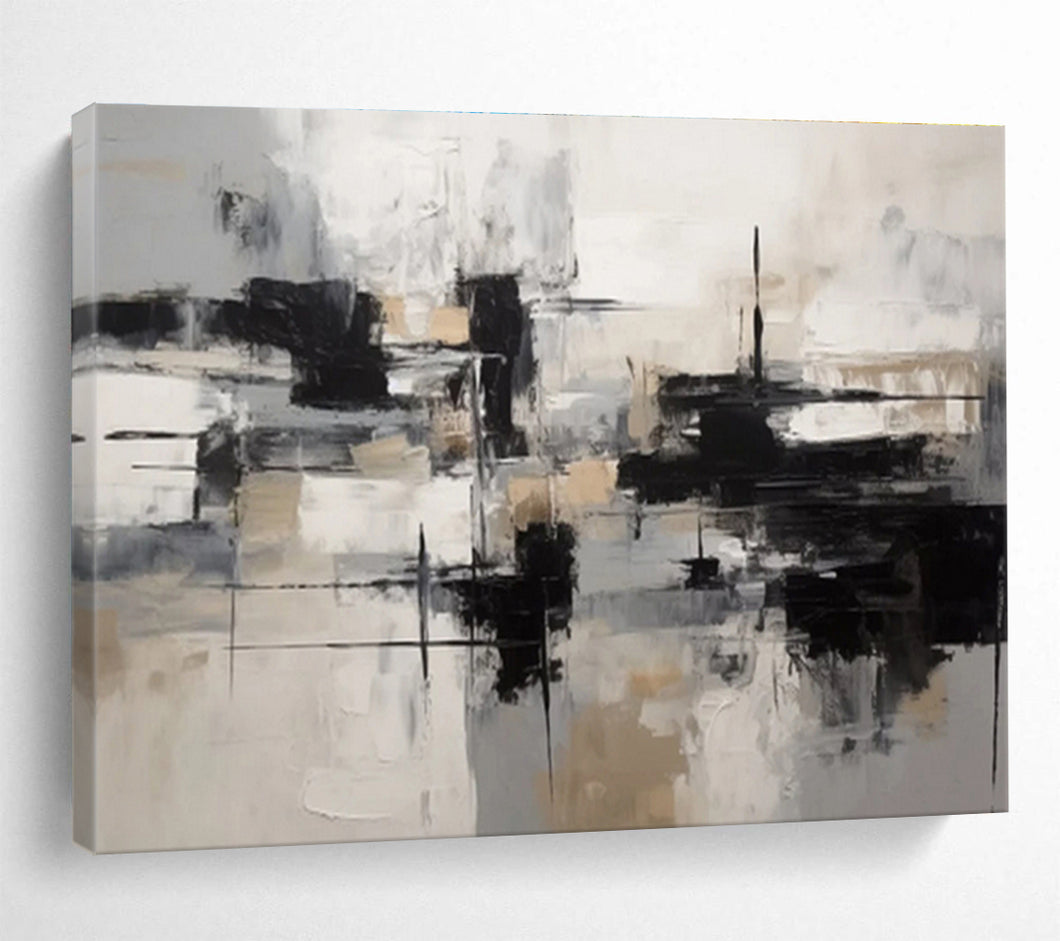 Monochromatic Geometric Abstract Painting On Canvas for Modern Office & Art - Loving Library DKH335