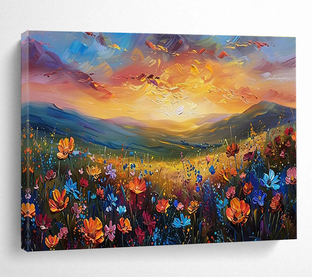 Mountain Sunset “Flower Valley” Painting on Canvas, Scenic Impasto Art DKH837