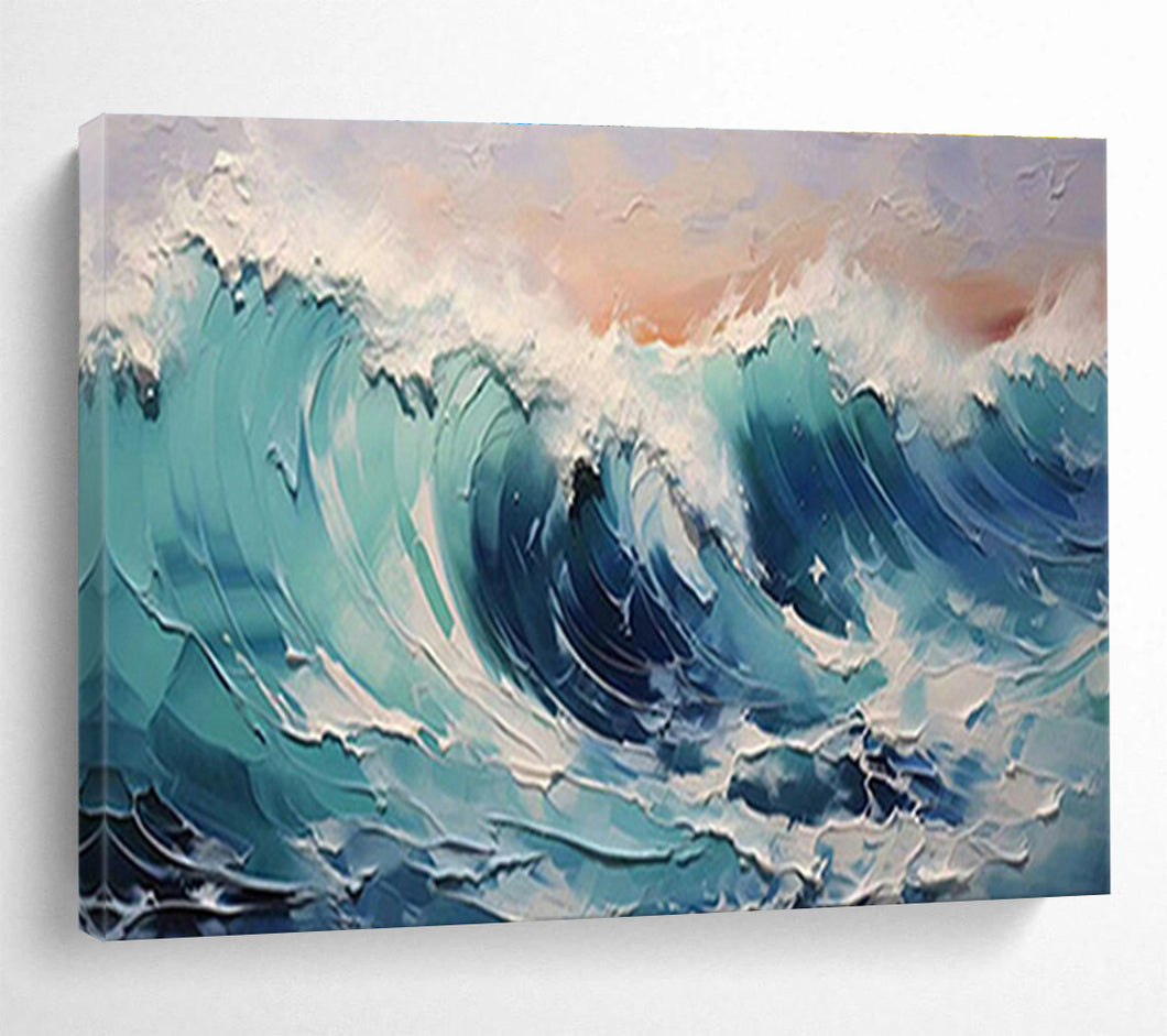 Turquoise Wave Textured Abstract Painting on Canvas - “Coastal Rhythm” DKH679