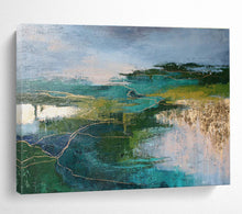 Load image into Gallery viewer, Green and Blue Abstract Landscape with Gold Lines for Luxury Living Room &amp; Sophisticated Hotel Lobby DKH127
