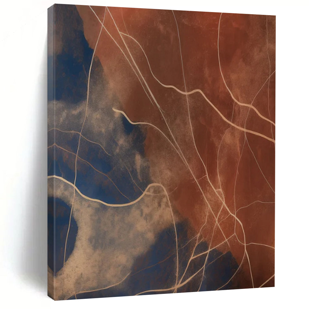 “Curved Lines on Blue and Brown” – Delicate Abstract with Curved White Lines DTP120