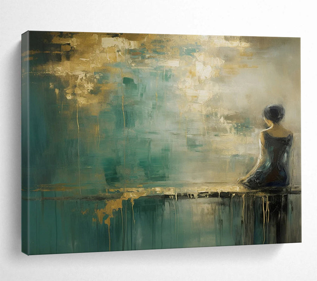 Woman by the Water in Teal and Gold Abstract acrylic painting DLZ087