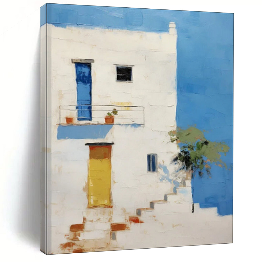 Mediterranean - Style Abstract Building Painting, Suited for Beach House Living Room & Travel - Inspired Café LargeART1837