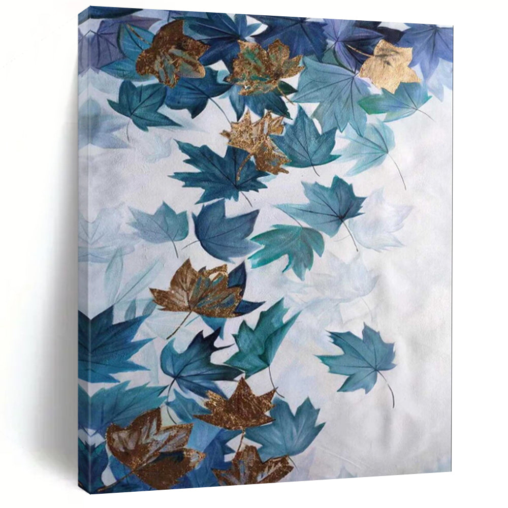 Blue & Gold Leaf Abstract Painting, Perfect for Elegant Dining Room & Nature - Inspired Living Room LargeART2078