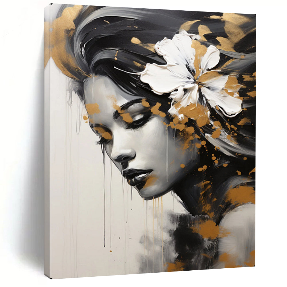 Portrait Abstract Painting, Black, White & Gold, Feminine Art for Salon & Bedroom LargeART2170