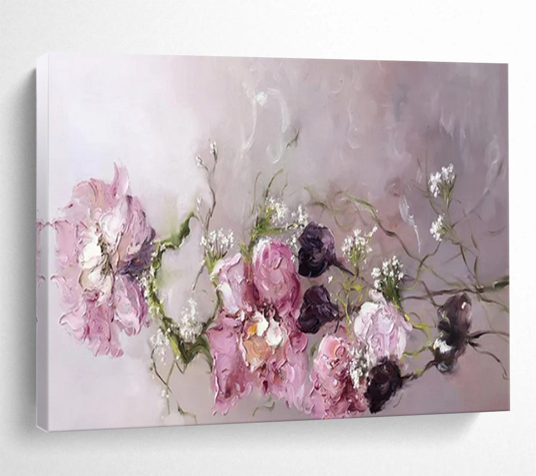 Hand - painted Generous - sized Pink Flowers with Baby’s Breath Acrylic Art for Romantic Bedroom Decor LargeART1762