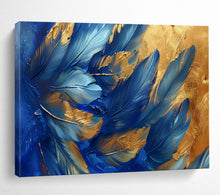 Load image into Gallery viewer, Hand - painted Blue Feathers with Gold Highlights Acrylic Art for Chic Living Room Walls LargeART1708
