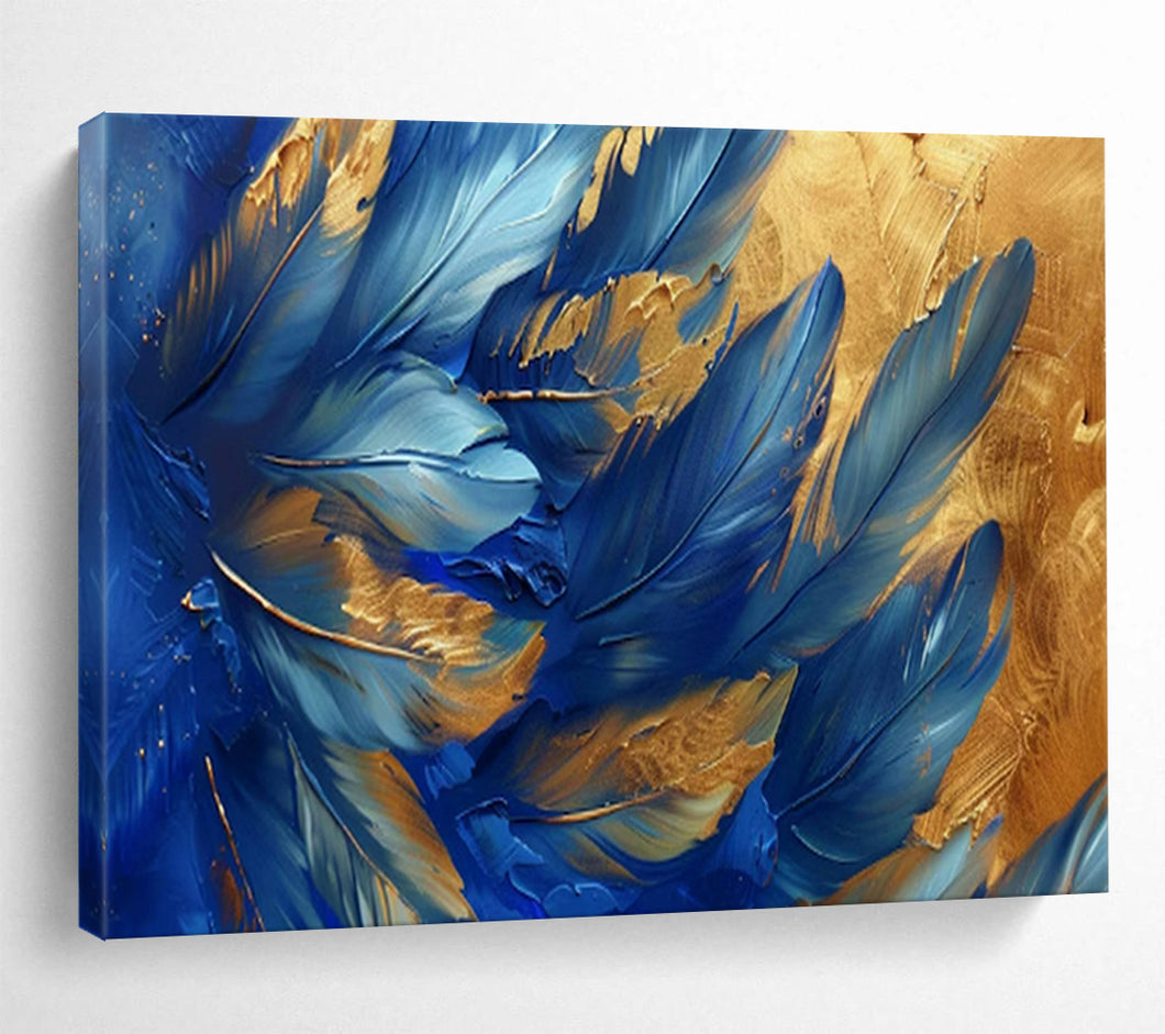 Hand - painted Blue Feathers with Gold Highlights Acrylic Art for Chic Living Room Walls LargeART1708