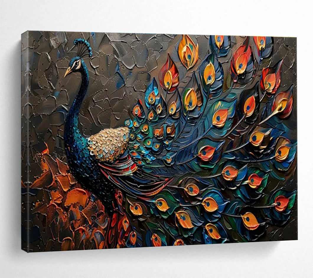 Textured Peacock “Colorful Plumage” Painting on Canvas, Ornate Wildlife Art DKH807