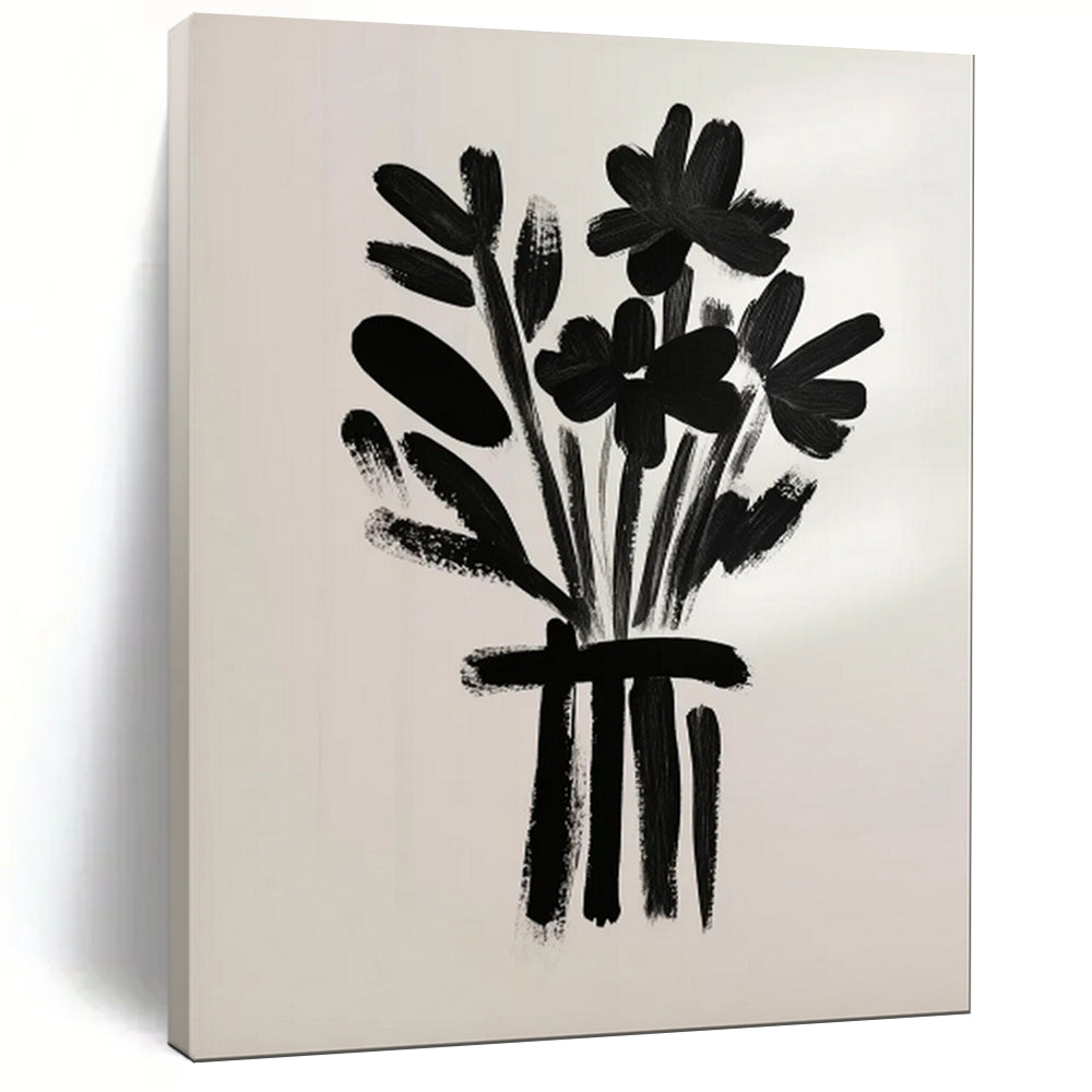 Minimalist Black - White Abstract Flower Painting, Suited for Contemporary Hallway & Art - Focused Office LargeART2035