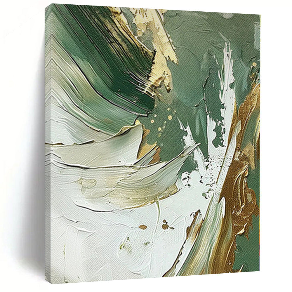Hand - painted Extensive Green - Gold - White Abstract Textures Acrylic Art for Elegant Dining Rooms LargeART0088