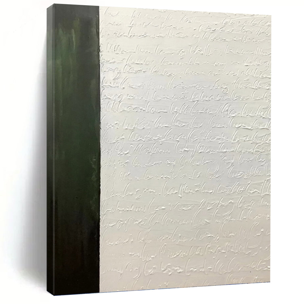 “Textured Script and Green Panel” - Green, White Abstract Art on Canvas DKH1181